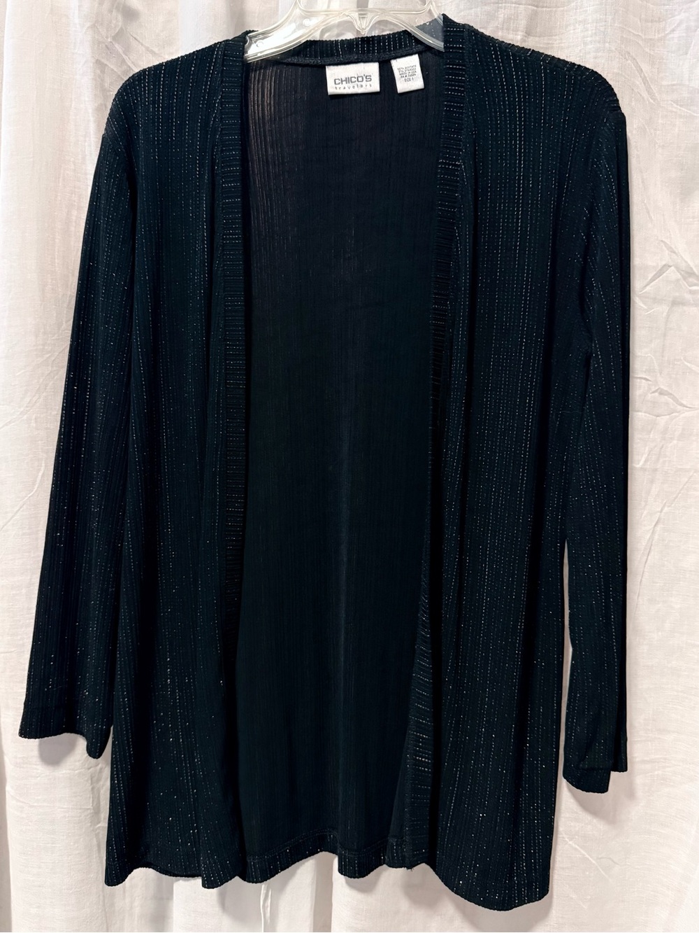 Chico’s Travelers Black Shimmer Open Front Cardigan Jacket Long Sleeves Size 1